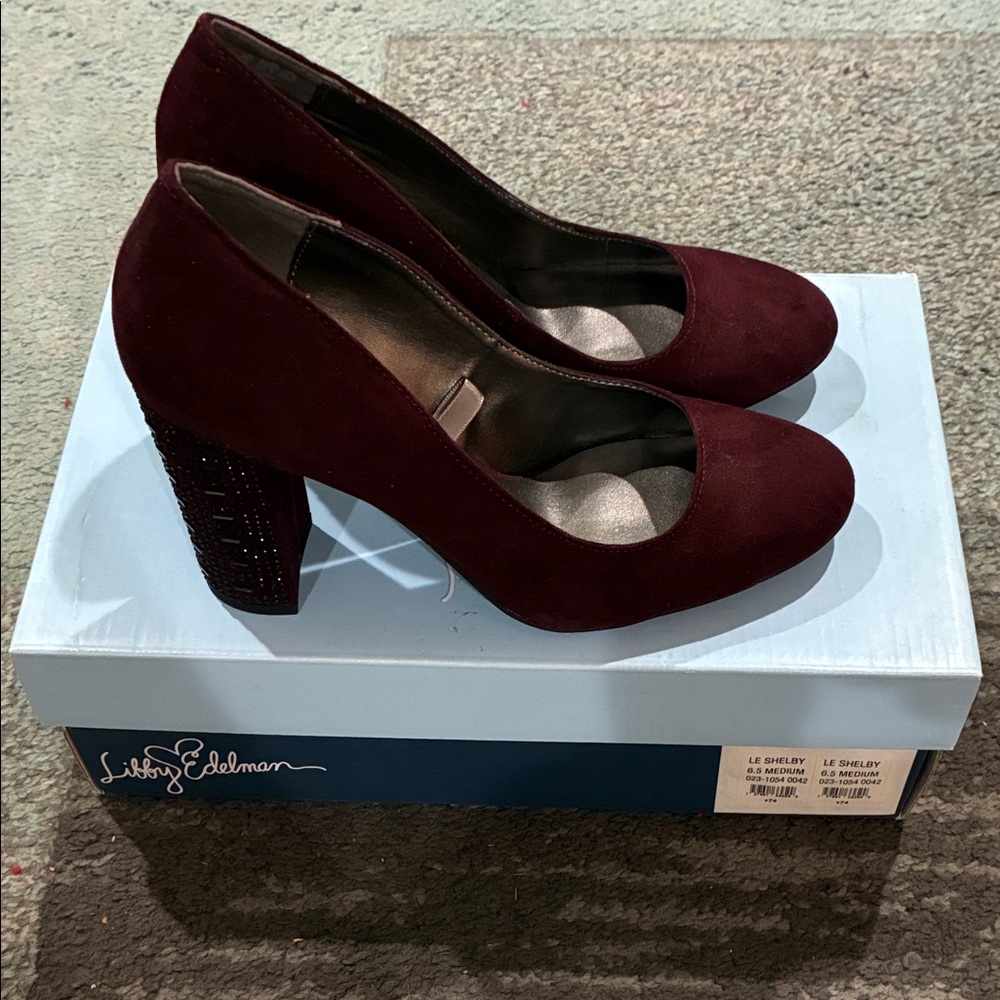 libby. edelman Burgundy Suede Block Heel Pumps